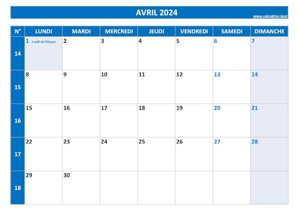 Calendrier avril 2024 avec numéros de semaine et jours fériés.