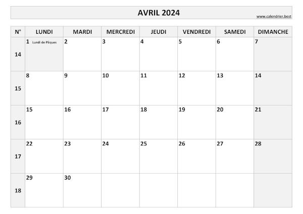 Calendrier avril 2024 avec numéros de semaines.