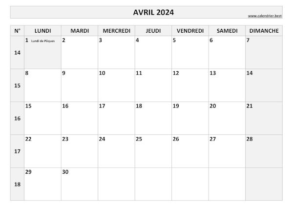 Calendrier avril 2024 avec numéros de semaine et jours fériés.