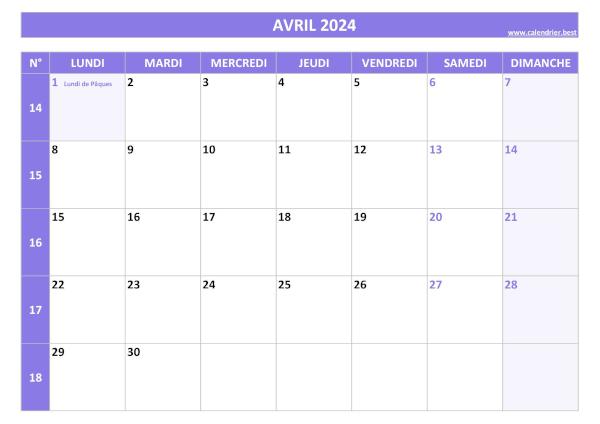 Calendrier Avril 2024 avec semaines.