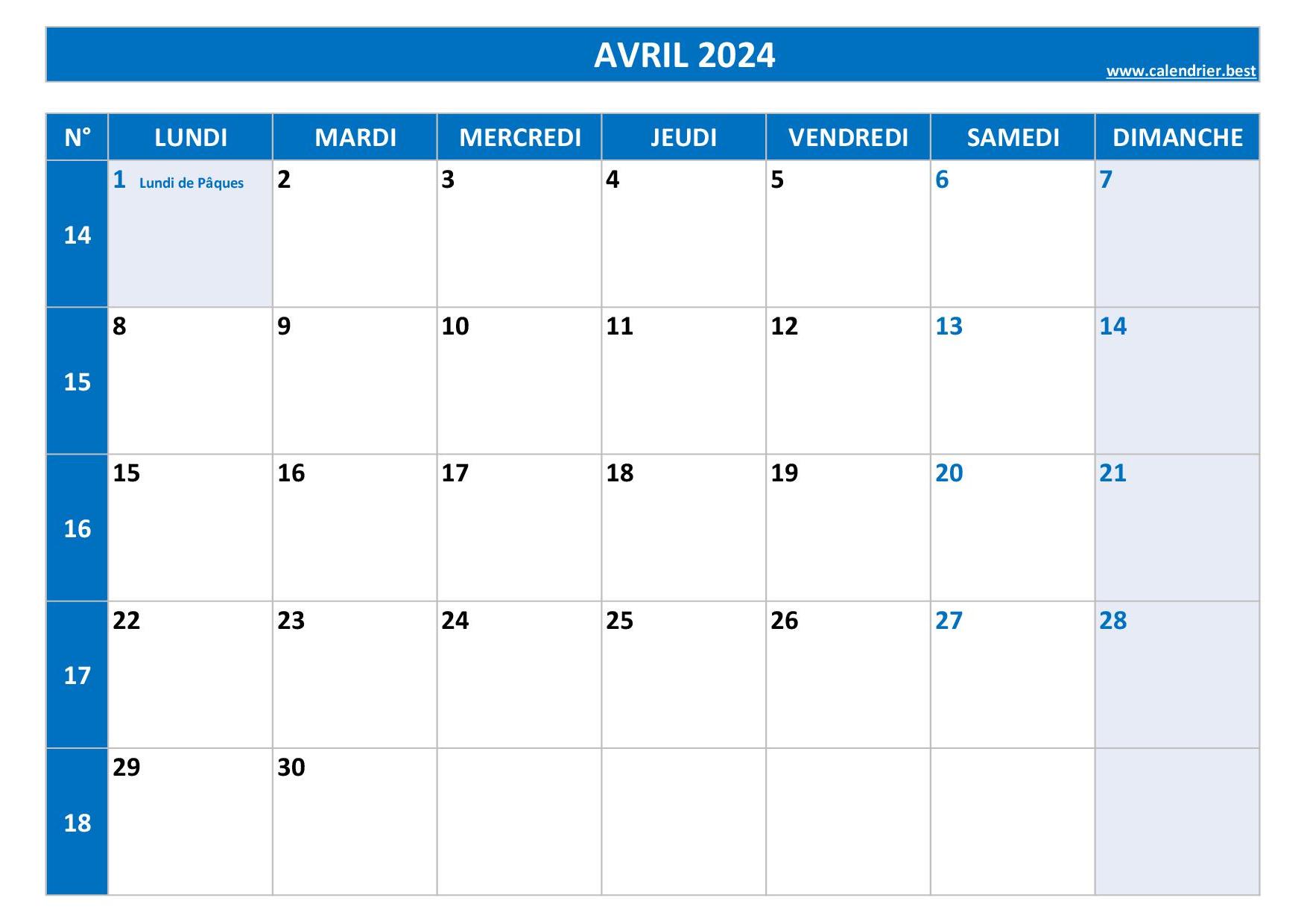 Calendrier 2024 mensuel à imprimer