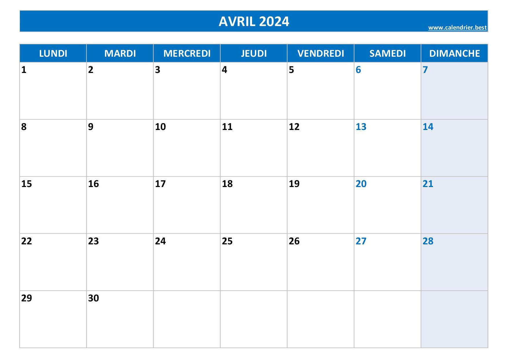 Calendrier 2024 à imprimer