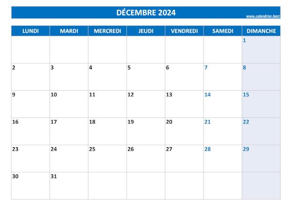 Calendrier Décembre 2024 à imprimer.