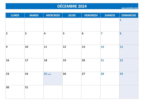 Calendrier Décembre 2024 à imprimer avec jours fériés.