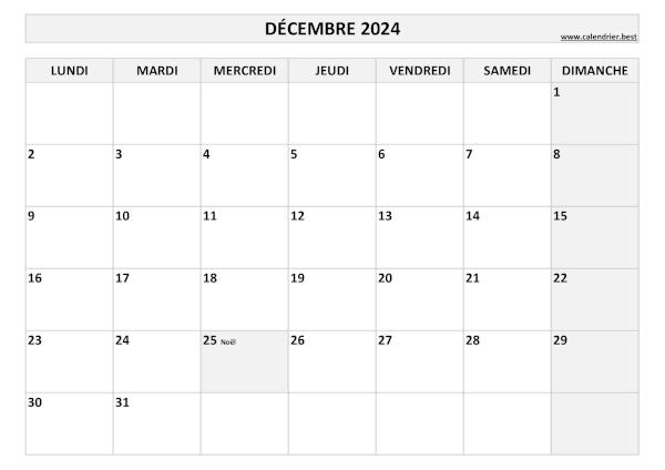 Calendrier du mois de Décembre 2024 avec jours fériés à imprimer gratuitement en pdf ou jpg, format A4 paysage, thème noir et blanc Calendrier Décembre 2024 à imprimer avec jours fériés.