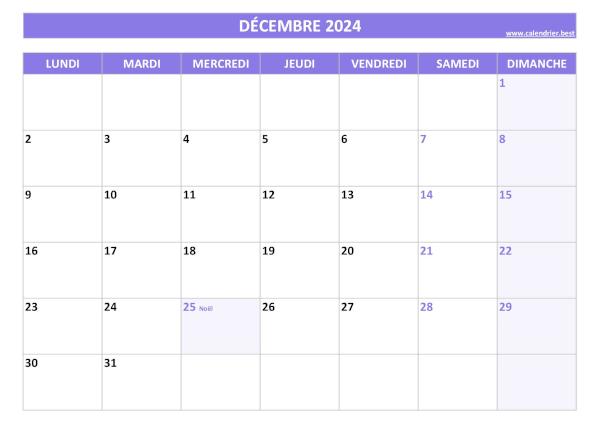 Calendrier du mois de Décembre 2024 avec jours fériés à imprimer gratuitement en pdf ou jpg, format A4 paysage, thème violet Calendrier Décembre 2024 à imprimer avec jours fériés.