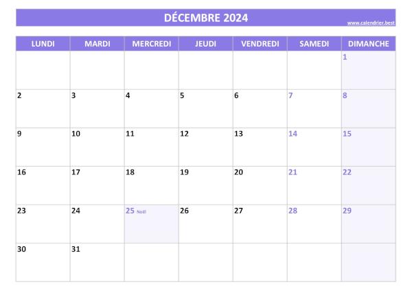 Calendrier Décembre 2024 à imprimer avec jours fériés.