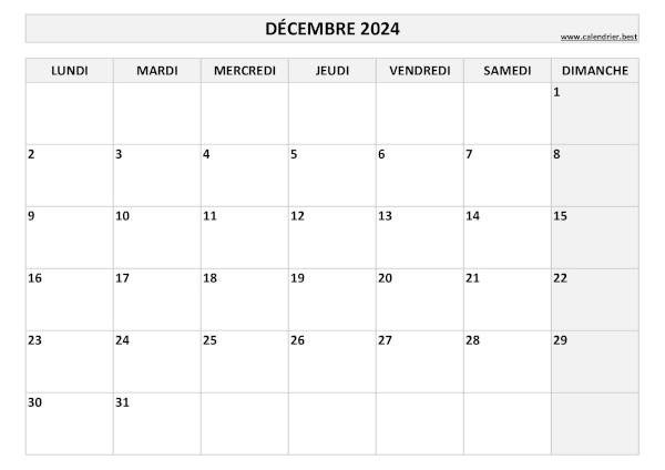 Calendrier du mois de décembre 2024 à imprimer.
