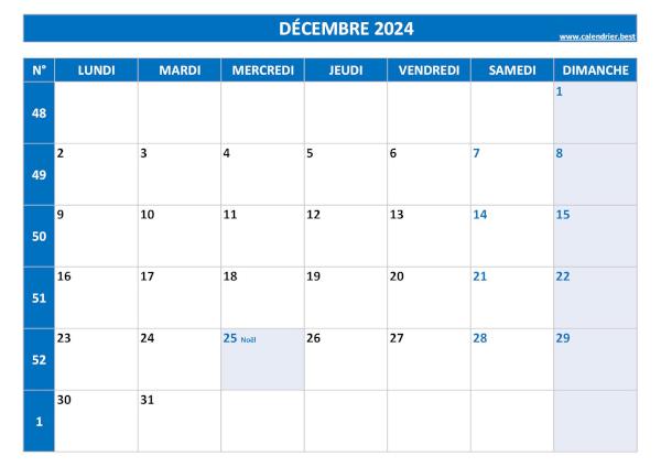 Calendrier décembre 2024 avec semaines.