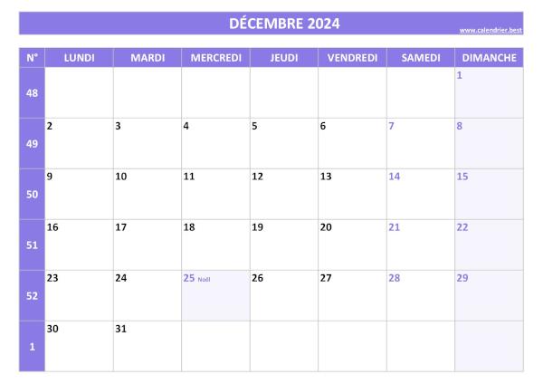 Calendrier Décembre 2024 avec semaines.