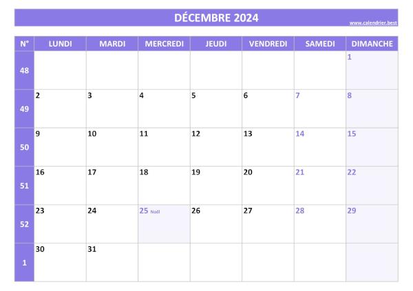 Calendrier du mois de Décembre 2024 avec numéros de semaines à imprimer gratuitement en pdf ou jpg, format A4 paysage, thème violet. Calendrier Décembre 2024 avec semaines.