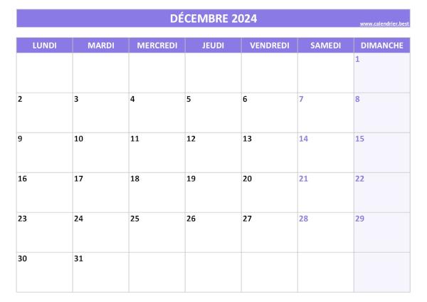 Calendrier mensuel vierge à imprimer, mois de Décembre 2024, thème violet. Calendrier Décembre 2024 à imprimer.