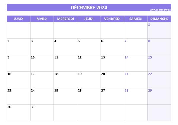 Calendrier Décembre 2024 à imprimer.