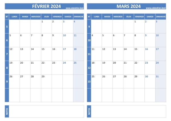 Calendrier février mars 2024.