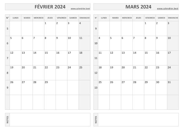 Calendrier février mars 2024.