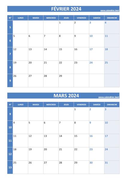 Calendrier février mars 2024, portrait, bleu.