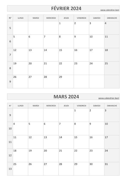 Calendrier février mars 2024, portrait, gris.