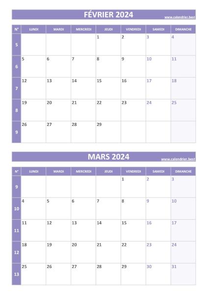 Calendrier février mars 2024, portrait, violet.