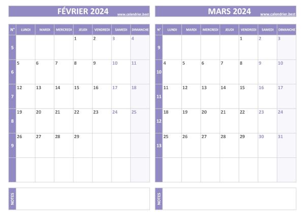 Calendrier février mars 2024.