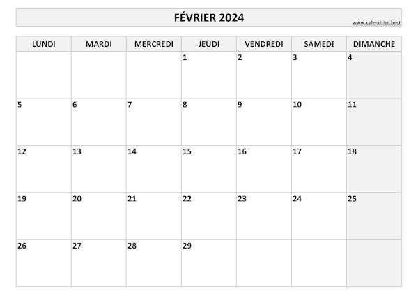 Calendrier février 2024 à imprimer.