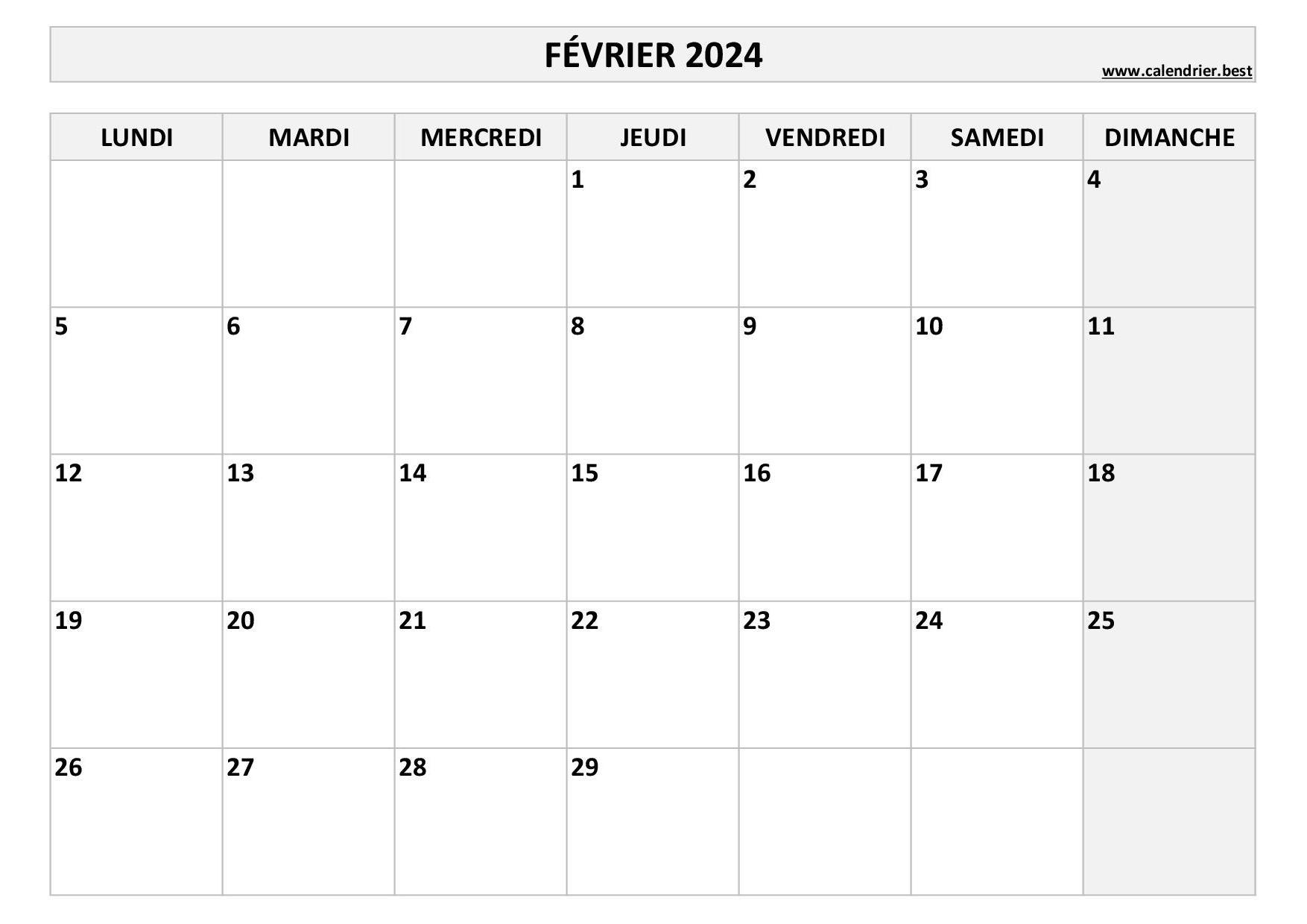 calendrier février 2024