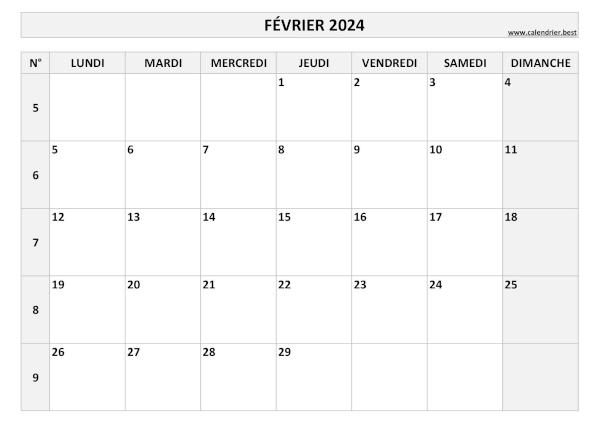 Calendrier février 2024 avec numéros de semaine et jours fériés.