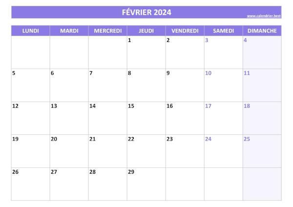 Calendrier du mois de février 2024 à imprimer.