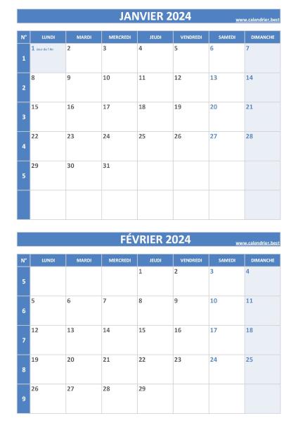 Calendrier janvier février 2024, portrait, bleu.