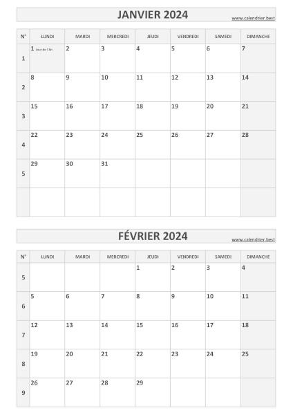 Calendrier janvier février 2024, portrait, gris.