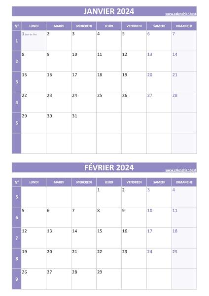 Calendrier janvier février 2024, portrait, violet.