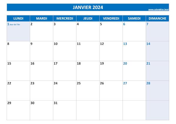Calendrier du mois de janvier 2024 avec jours fériés à imprimer.