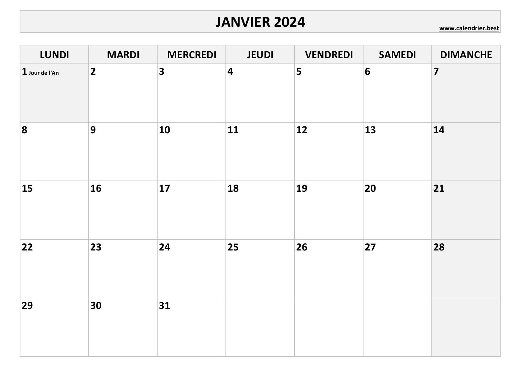 Calendrier Janvier 2024 à consulter ou imprimer 