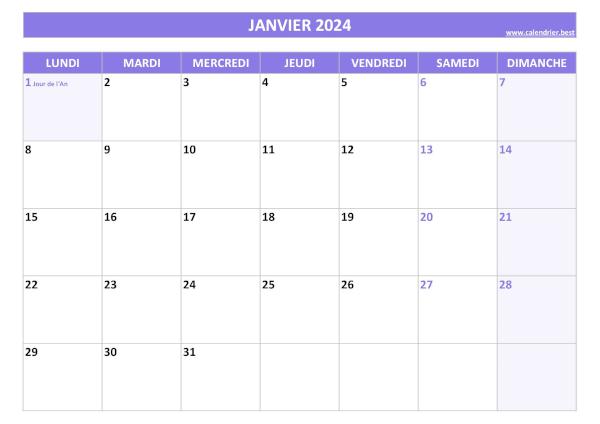 Calendrier janvier 2024 à imprimer avec jours fériés.