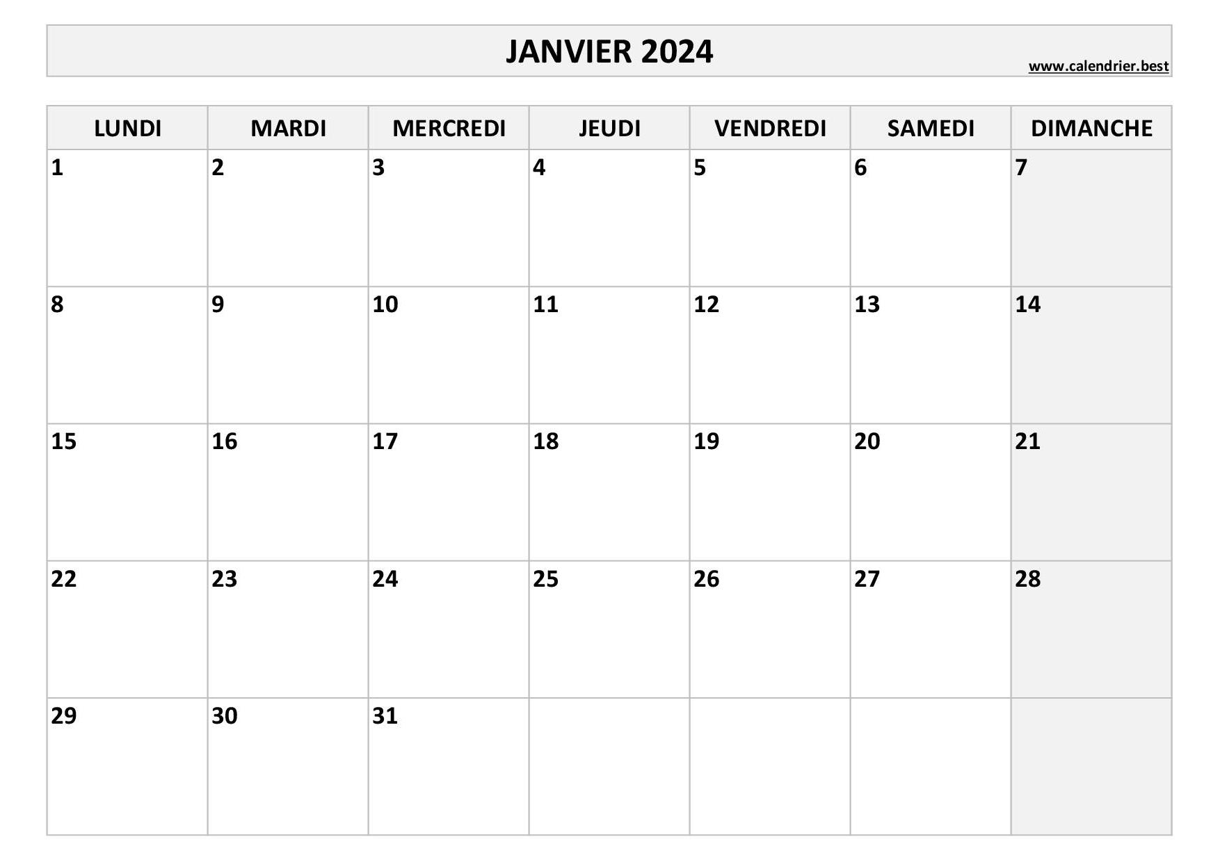 Calendrier janvier 2024 à imprimer