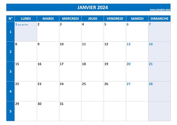 Calendrier du mois de janvier 2024 avec semaines à imprimer.