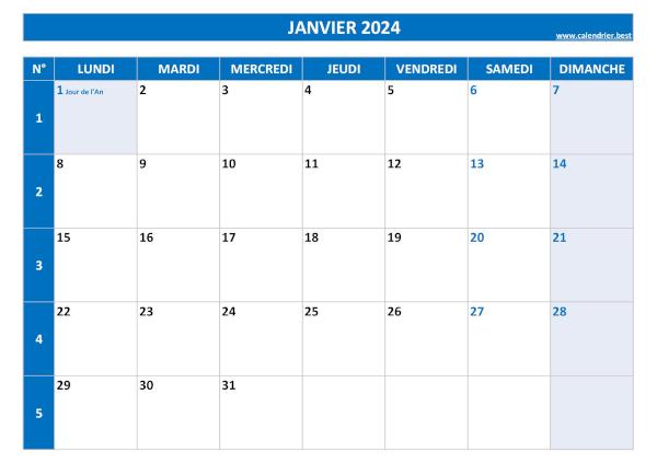 Calendrier janvier 2024 à imprimer.