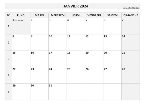 Calendrier janvier 2024 avec numéros de semaine et jours fériés.