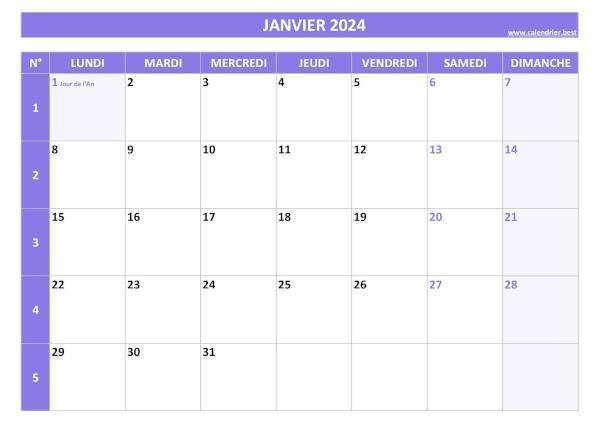 Calendrier janvier 2024 avec semaines.