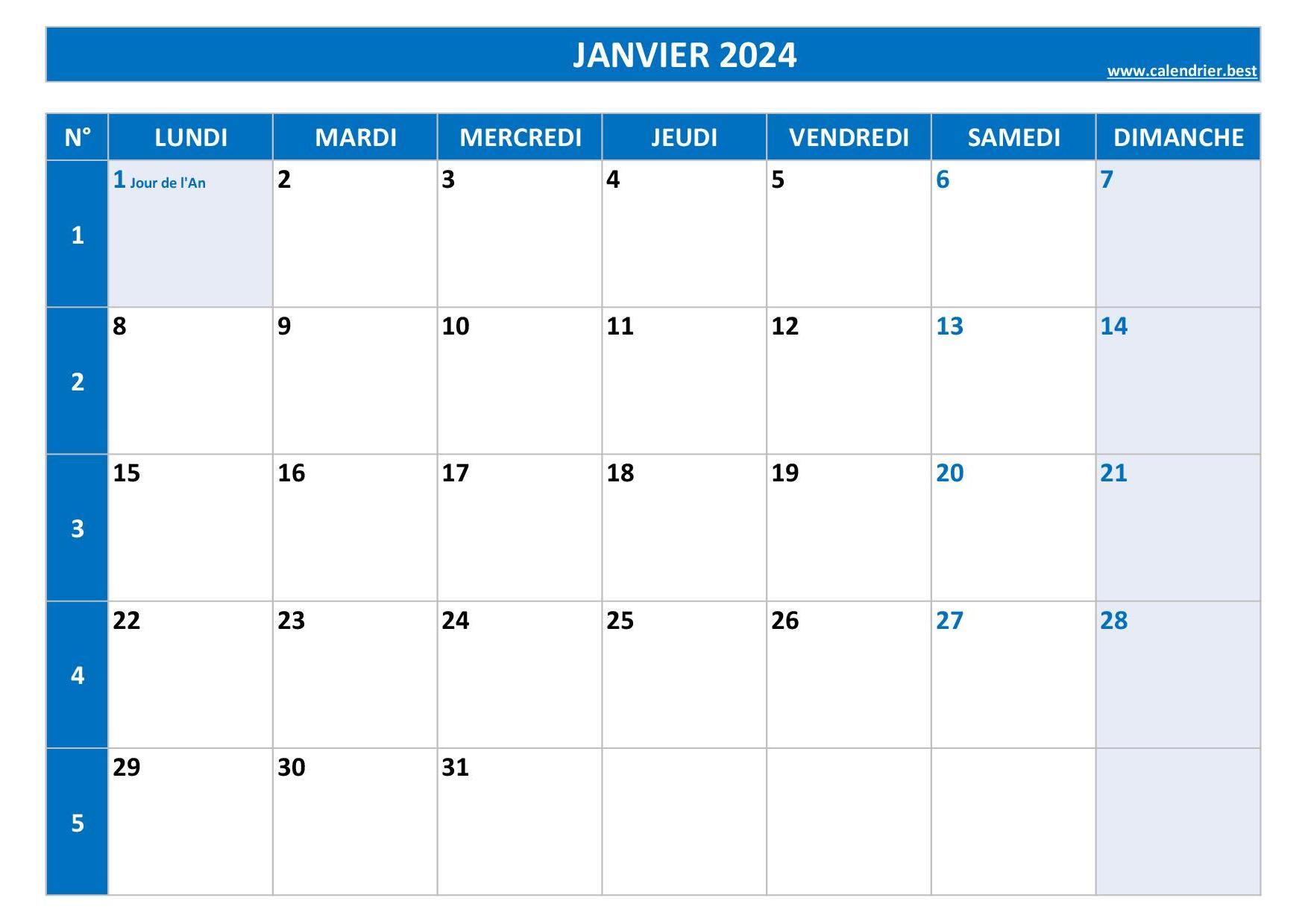 janvier 2024 calendrier imprimable