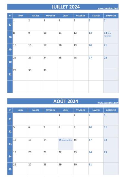 Calendrier juillet août 2024, portrait, bleu.