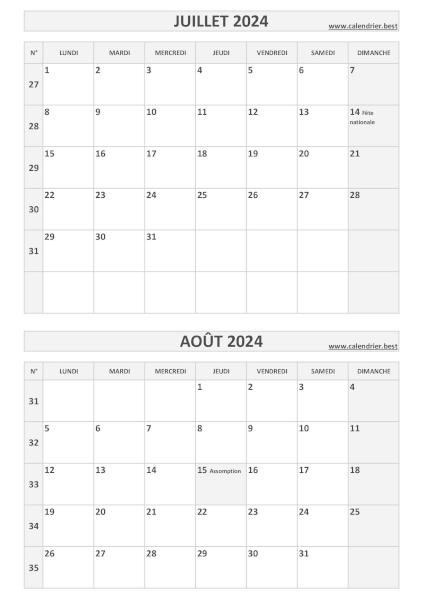 Calendrier juillet août 2024, portrait, gris.