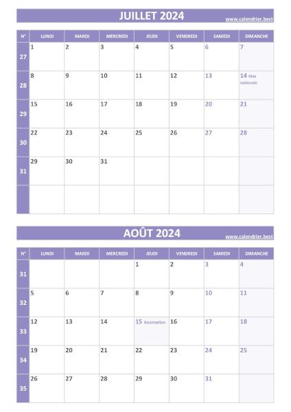 Calendrier juillet août 2024, portrait, violet.