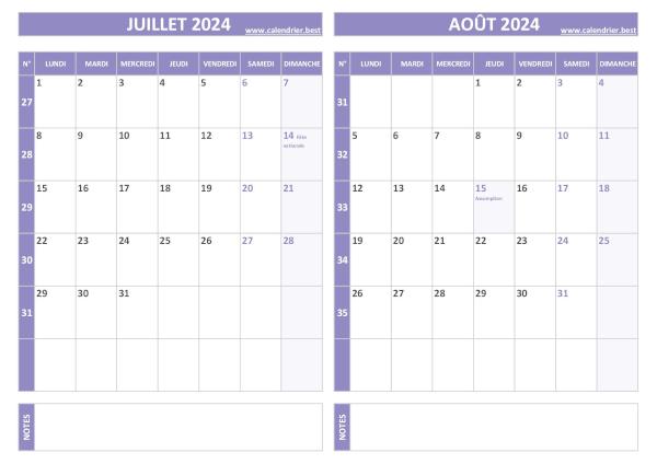 Calendrier juillet août 2024.