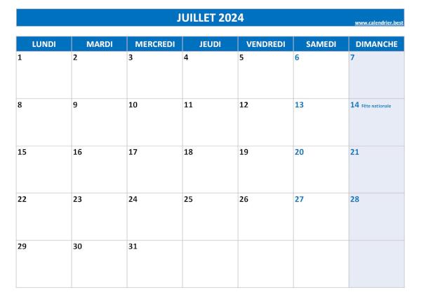 Calendrier du mois de juillet 2024 avec jours fériés à imprimer.