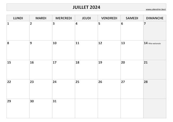 Calendrier Juillet 2024 à imprimer avec jours fériés.