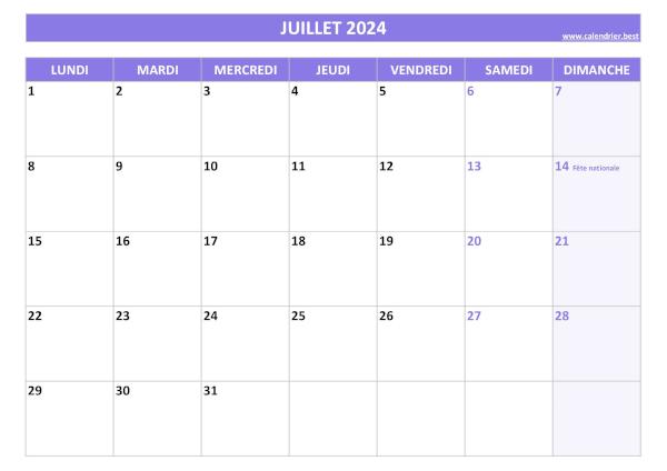 Calendrier Juillet 2024 à imprimer avec jours fériés.