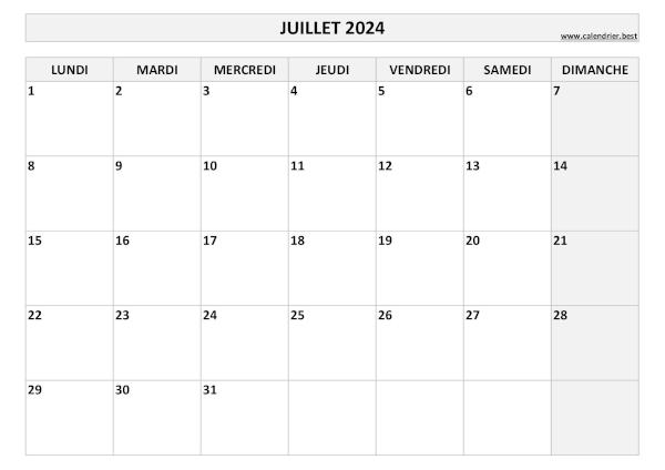 Calendrier Juillet 2024 à imprimer.