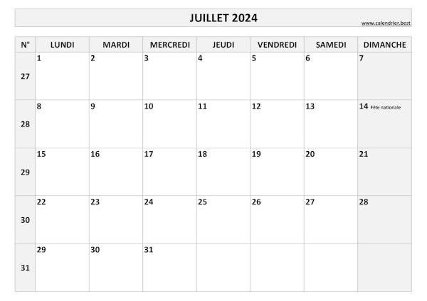 Calendrier juillet 2024 avec numéros de semaine et jours fériés.