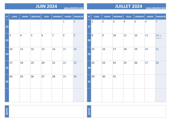 Calendrier Juin Juillet 2024.