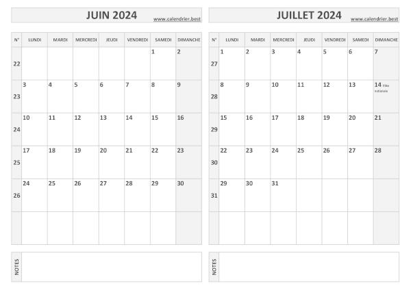 Calendrier juin juillet 2024.